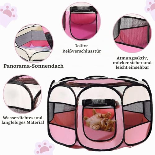 Welpenlaufstall Faltbar 74x74x43cm, Hundelaufstall für Wohnung, BRIMOREA Katzengehege, Kaninchengehege innen，für Laufstall Hund, Katzen, Hasen und Kleintiere sowohl drinnen als auch draußen(Rosa)