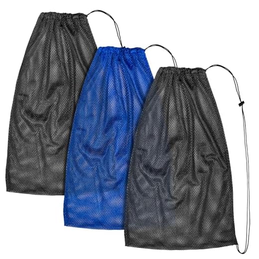 3 Pack Mesh Gear Bag Oversized 19" x 27" For Snorkel Scuba Swim Dive Gear Oversized Drawstring Net Bag for Sports Equipment, Gym, Beach, Pools Toys, Balls, Laundry, Scalloping Collect, Black & Blue