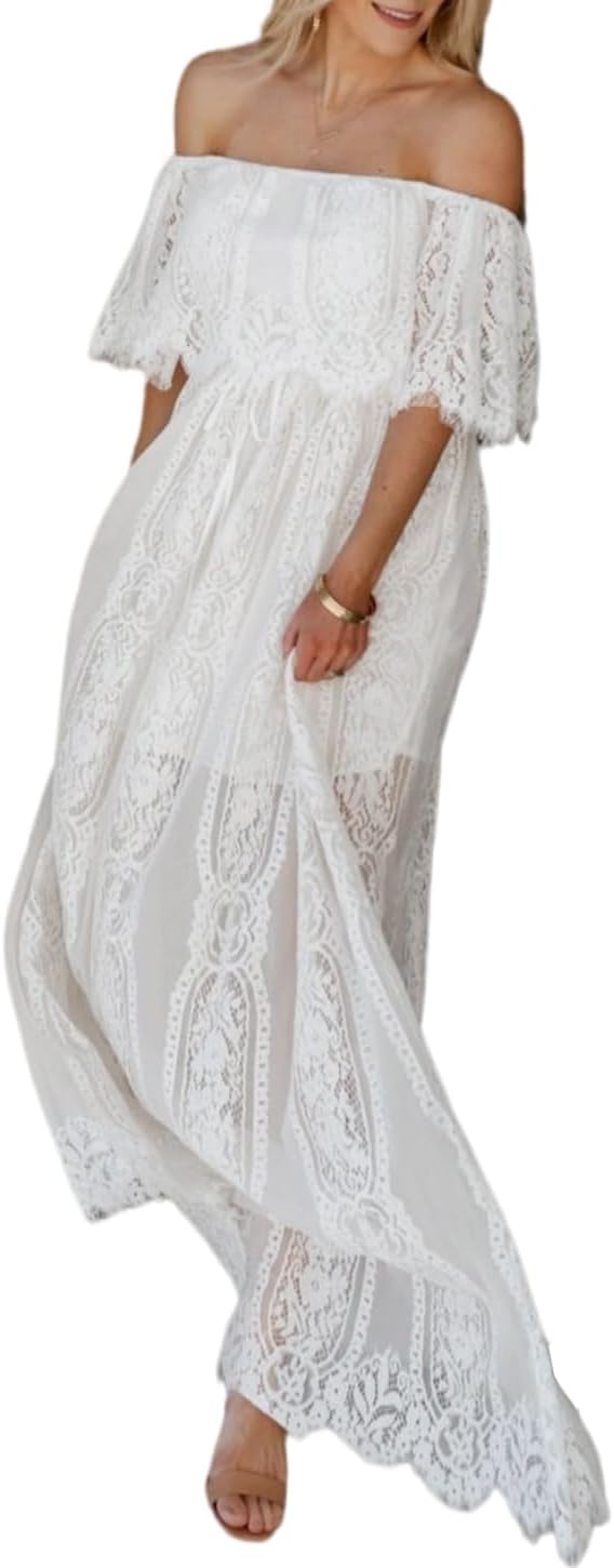 Cercis Womens Off The Shoulder Floral Lace Maxi Wedding Dress Boho Flowy Wedding Guest Formal Long Dresses - Image 5