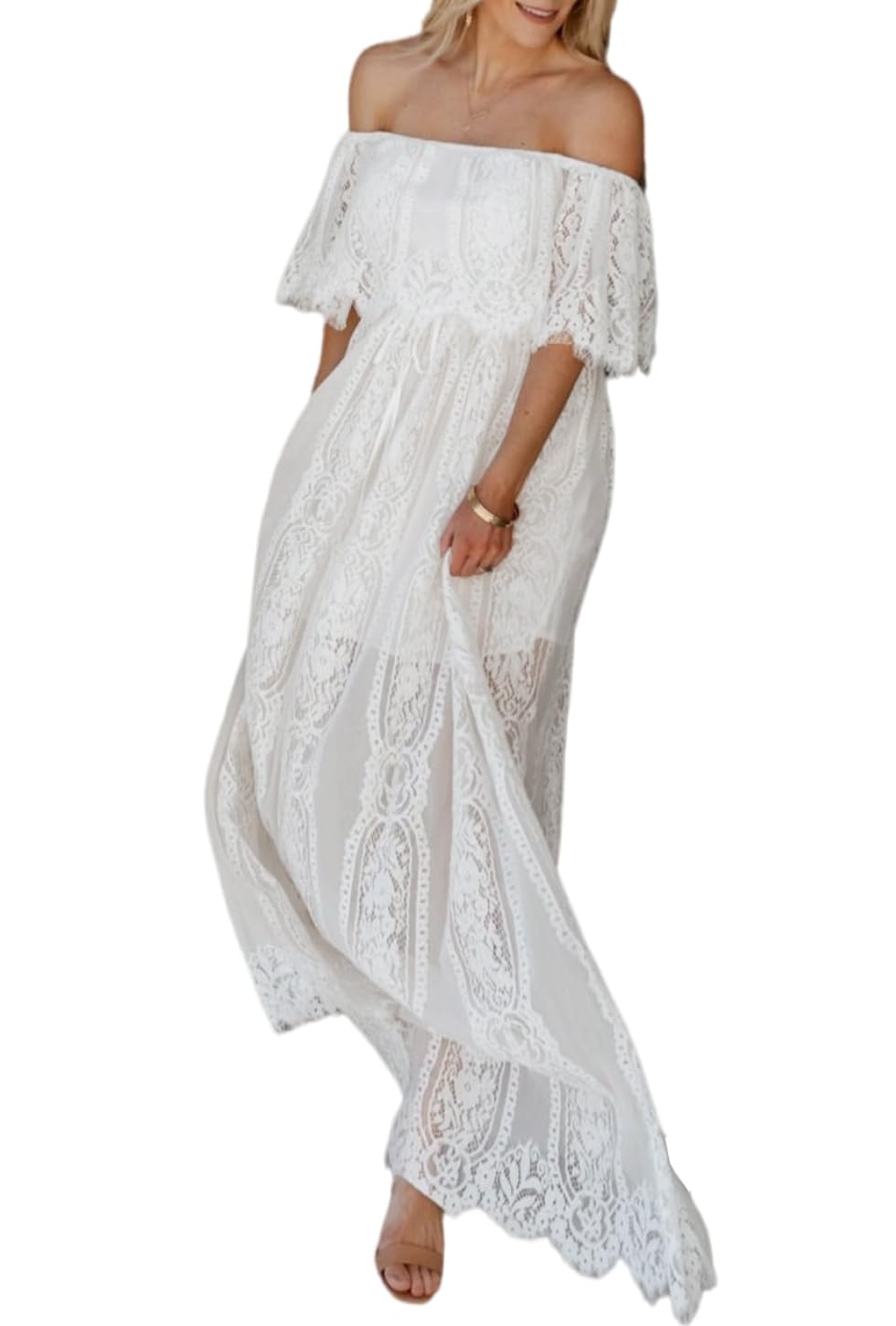 MERMAID'S CLOSET Schulterfreies Maxikleid für Damen, Blumenspitze, Boho, fließend, für Hochzeit, Gast, formelle Party, lange Kleider für Frühling