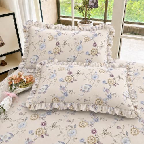 Image of VOMZER EVERLUSH King Size (60x78) 300 TC Soft Cotton Feel Microfiber All Around Elastic Fitted Double Queen Bedsheet with 2 Frill Pillow Covers | Vintage Floral