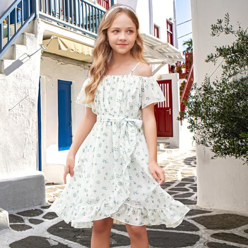 Girls Floral Dress Off Shoulder with Adjustable Strap Chiffon Casual Butterfly Short Sleeve Girls Summer Dress3