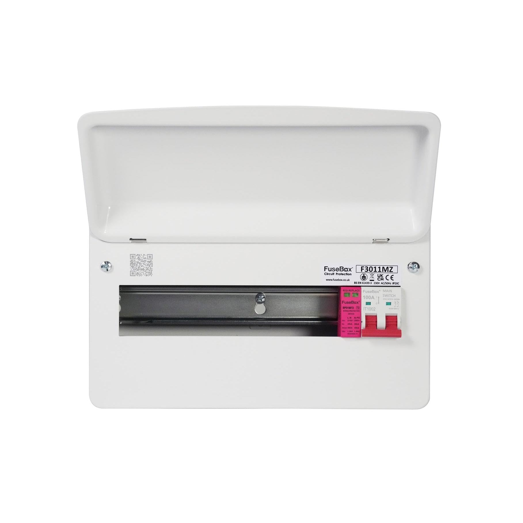 F3011MZ FuseBox11-Way RCBO Consumer Unit with SPD, Metal Enclosure, 100A Main Switch, BS EN61439-3 Compliant