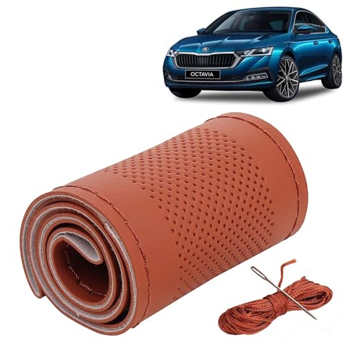 Image of KINGSWAY PU Leatherite Car Steering Cover Sewable Compatible with Skoda Octavia (Year 2019-2020), Tan Color with Tan Thread, Pack of 1 with Sewing Needle and Thread