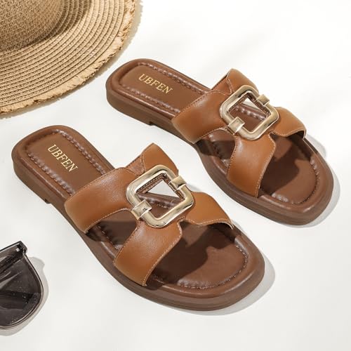 Image of UBFEN Womens Square Toe Flat Sandals Slides Dressy Comfortable for Beach