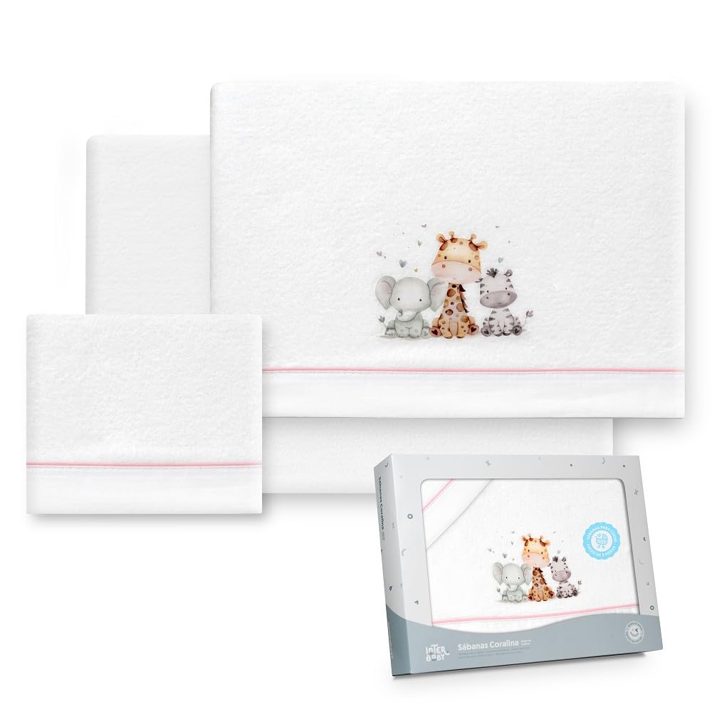 Interbaby - Set of sheets for pram 40 x 80 cm, baby - coral fabric winter sheets - Giraffe elephant model - includes fitted sheet + top sheet + pillowcase