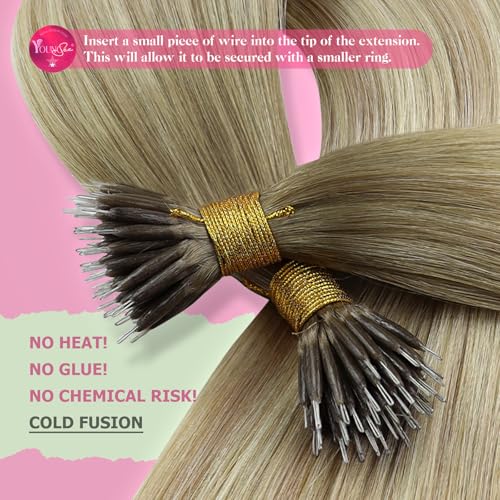 Image of YoungSee Nano Tip Hair Extensions Real Human Hair Ombre Blonde Nano Ring Hair Extensions Balayage Ash Blonde Ombre Platinum Blond Nano-Link Human Hair Extension 24 Inch 50g 50 Strands for Wedding