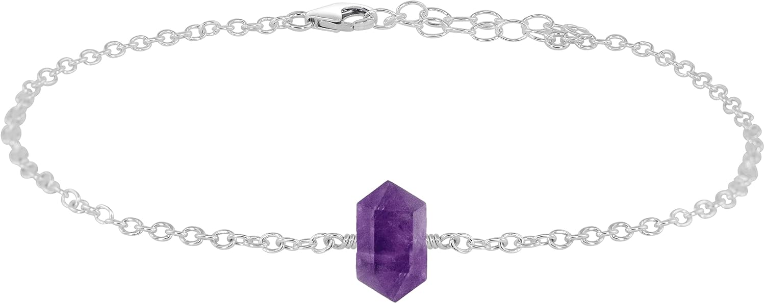 Amethyst Double Terminated Crystal Anklet in Sterling Silver