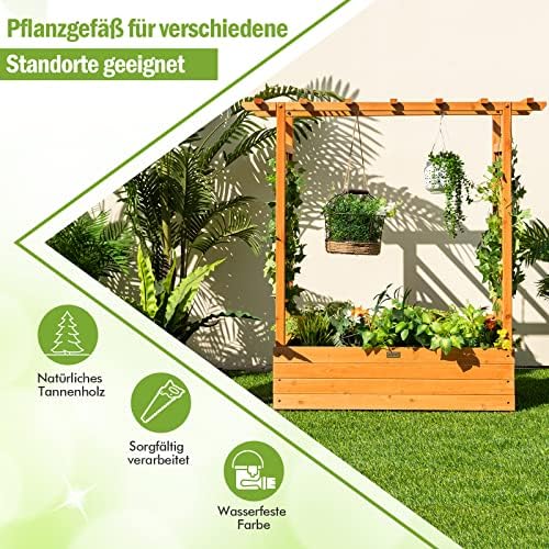 FANTASK Hochbeet mit Rankgitter & hängendem Dach, Pflanzkasten mit Rankhilfe, Blumenkasten für Kletterpflanzen & hängende Körbe 110 x 44 x113.5cm, Orange