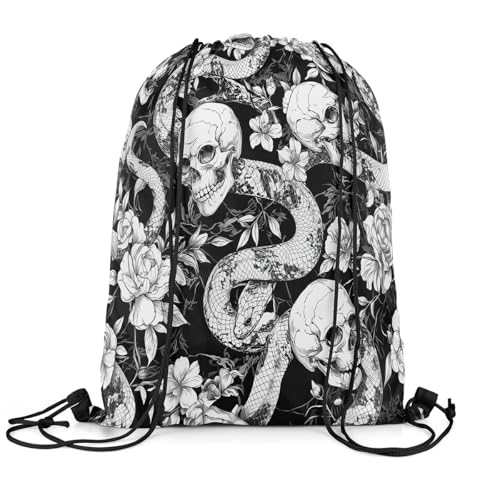 Image of jejeloiu Sugar Skull Drawstring Backpack 13x15.7inch Snake Boho Rose Waterproof Gym Drawstring Bags Goth Art Sports String Backpack Beach Swim Travel Bag Sackpack