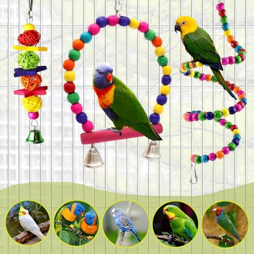 Image of Bird Toys Parakeets Cage Accessories: 8Pcs Parrot Toy Swing Ladder Natural - Small Birds Supplies for Cockatiel Conure Lovebird Budgie Canary Finches Quaker