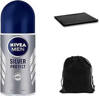 NIVEA MEN Silver Protect Anti-Perspirant Roll-On Deodorant 50ml – 48-Hour Protection with Anti-Bacterial Silver Ions, Quick-Drying Formula, Alcohol-Free, Includes Travel Pouch and Cleaning Cloth