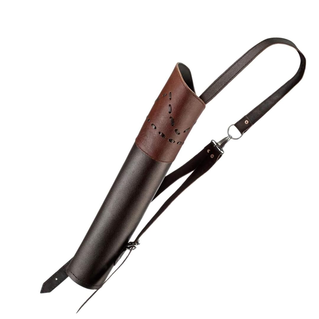 elToro Rückenköcher aus schwarzem Echtleder mit Musterstickung | verstellbarem Dreipunkt-Tragegurt, 50 cm lang, Öffnung 14 cm, Köcher für Pfeile, Bogenschießen, Recurve- und Langbogen