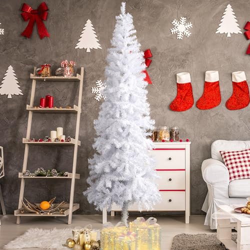 Magshion-White-Artificial-Pencil-Christmas-Tree-7ft-Unlit-Slim-Skinny-Xmas-Tree-with-Metal-Stand-Base-and-Hinged-PVC-Branch-Tips-for-Home-Office-Indoor-Outdoor-Decoration-Holiday-Party-Decor Magshion White Artificial Pencil Christmas Tree 7ft Unlit Slim Skinny Xmas Tree with Metal Stand Base and Hinged PVC Branch Tips for Home Office Indoor Outdoor Decoration Holiday Party Decor