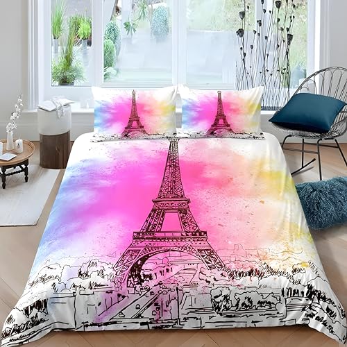 Qiwagu Housse de Couette 140x200 Paris, Parure de Lit 1 Personne Tour Eiffel avec 1 Taie d'oreiller 65x65 cm, Z40