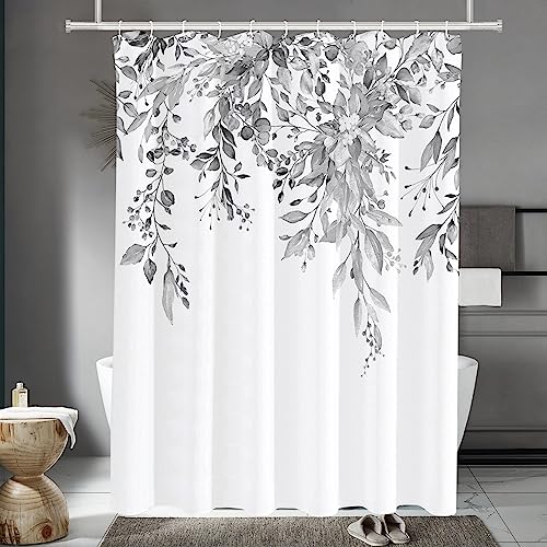 Tititex Light Grey Eucalyptus Shower Curtain Sets, Bright Watercolor Gray Leaves on The Top Plant with Floral Bathroom Decoration 72x78 Inch with Hooks
