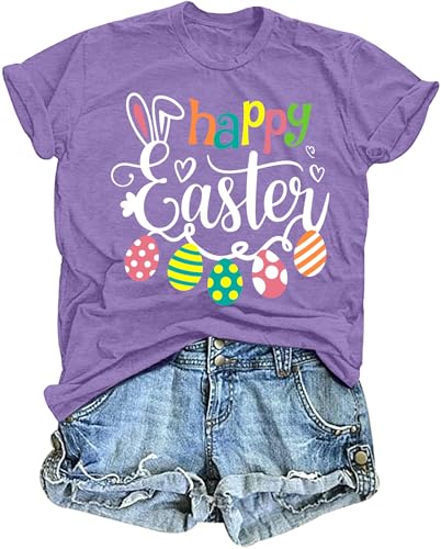 Image of Women Happy Easter T Shirt Bunny Rabbit Graphic T-Shirt Funny Letter Printed Shirts Short Sleeve Tops