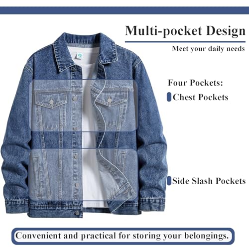 Image of Men's Denim Jacket Vintage-Inspired Jean Jacket with Multiple Pockets - Cotton Blend, Machine Washable