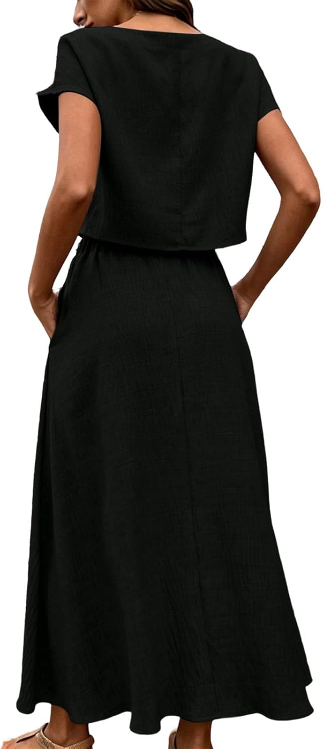 Women's 2 Piece Maxi Skirt Sets Summer Casual Cropped Top High Waisted Long Skirts Dressy Beach Vacation Clothes