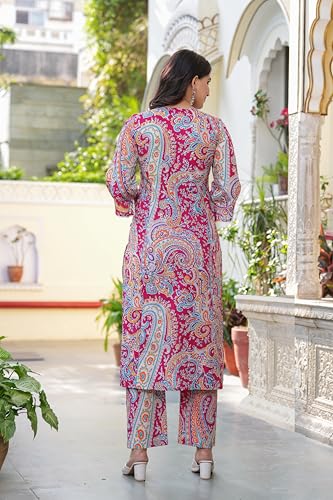 Image of Pistaa's Women Pure Cotton Paisley Printed A-Line Kurta with Pants Set