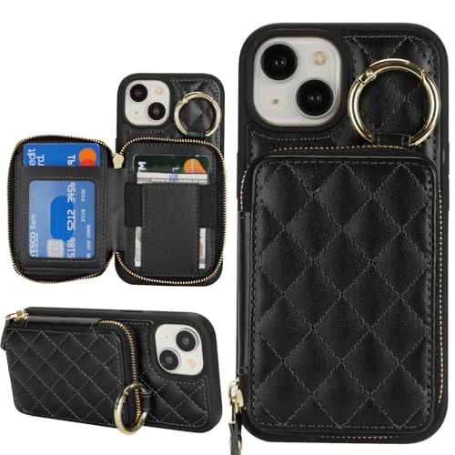 Hamany for iPhone 14 Case Wallet with Card Holder for iPhone 14 Phone case Wallet with Zipper with Slot Kickstand Stand Case for Women and Man 5G 6.1 Inch-Black