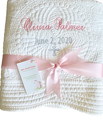 Personalized Baby Baptism Date Blanket Girl Boy Monogrammed Birth Dedication Christening Gift (Name Date Cross)