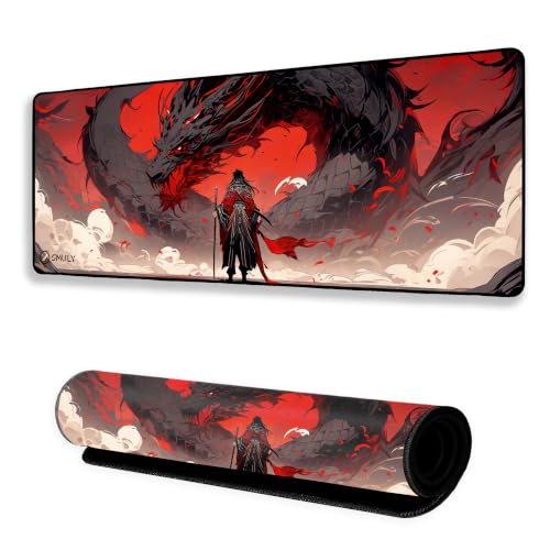 Image of Dragon Warrior Mouse Pad 12x32Inch 3mm Extended Gaming Desk Mat with Anti-Slip Rubber Base Mousepad for Smooth Surface Desk pad for PC & Laptop Use Waterproof & Stiched (Red /Black) Deskpad