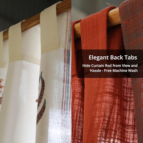 Image of Peepul Tree Mix and Match Solid and Sheer Door Curtains in Offwhite Brick Red and Navy Blue | 7 Feet | Set of 3 | 2 Solid & 1 Sheer Curtain| Layered Curtains | Pure Cotton | Back Loop Curtains
