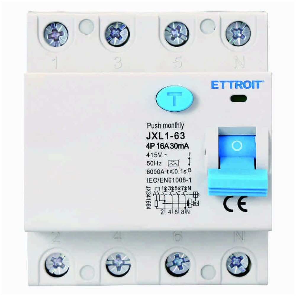 Interruttore magnetotermico differenziale puro 4P, 4 moduli, Tipo AC, 380Vac, 16A, 30mA, 6KA, classe A - Ettroit JX341664