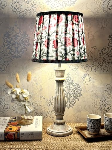 Image of Green Girgit Athens Wooden Lamp in Distress White Color with Pleeted Multiolor Pink Rose Shade, Vintage Style Table Lamp with Floral Print Shade, Decorative Bedroom Lighting (LED Bulb Included)