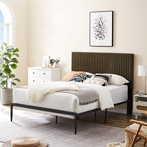 Queen Size Upholstered Platform Bed, Queen Bed Frame Brown Velvet with Headboard, No Box Spring Needed, Sturdy Strong Bed Slats, Simple Style Bed Frame for Bedroom, Easy Assembly, Mattress Foundation