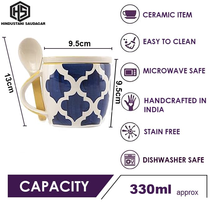 Image of HS HINDUSTANI SAUDAGAR Blue Umrao Cup & Coaster Set of 1 (330 ML Each) Microwave Safe Coffee Mugs Ceramic Milk Mug Ceramic Tea Mug Set Handmade Cup Best for Gift.