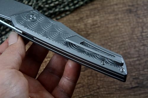 Miniatura 3 de twosun Cuchillo de cubiertos D2 Stonewash Blade Gris Titanio Mango Botón Lock TS193