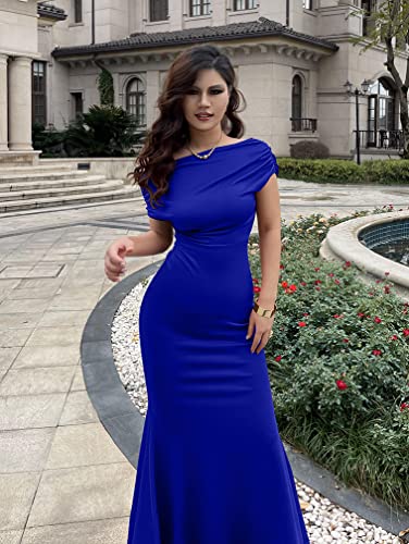 Image of YMDUCH Women's Sleeveless Off Shoulder Long Formal Party Dress | Backless,Stretch,Fitted,Mermaid,One Shoulder,Bodycon,Elegant,Slim,Formal,Solid,Evening,Wedding Guest,Bridesmaid,Maxi