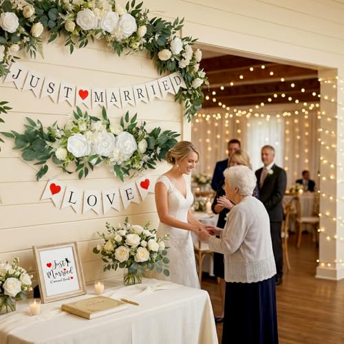 Image of Just Married Car Wedding Decorations Kit with Artificial Flower Floral Swag / Just Married Love Sign Banner and Car Bouquet & Window Decals, Wedding Car Accessories for Bridal Shower Honeymoon Decor