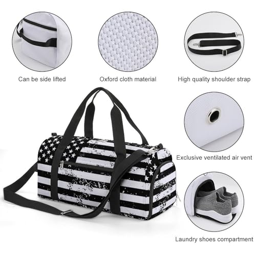 Travel Duffel with America Usa Flag Retro Black White for Men Women Shoe Compartment Overnight Bag3