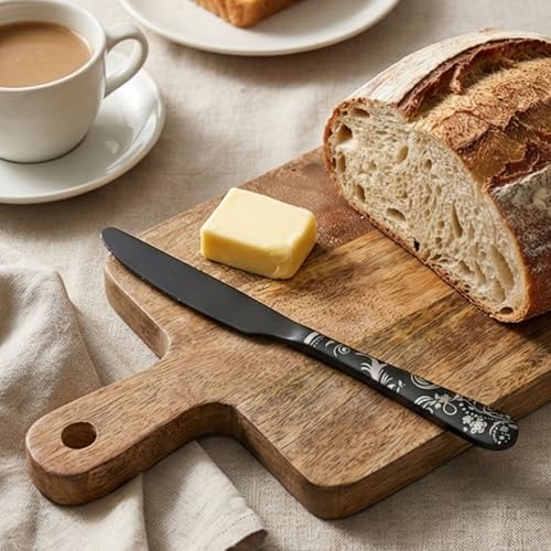 Image of 9.1 inch Charcoal Black Stainless Steel Dinner Knives with Floral Printed Handle | 5-Piece Premium Flatware Set of Steak Knives | Elegant Cutlery for Home, Restaurants, and Gifting