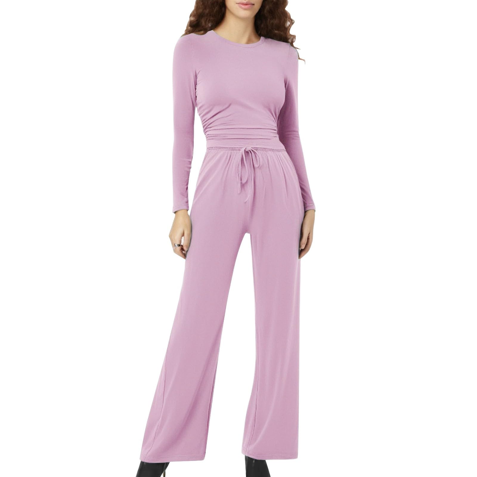 Generisch Pantaloni da donna in due pezzi, a gamba larga, a vita alta, set da donna, a maglia, Y2K, per il tempo libero, 2 pezzi, da jogging, a maniche lunghe, da jogging, da jogging, da allenamento