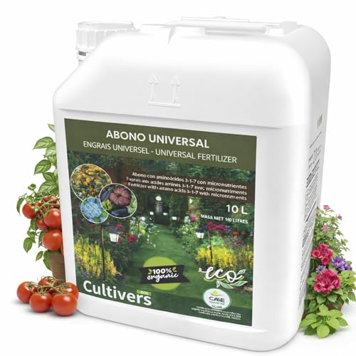 CULTIVERS Fertilizante Universal Ecológico Líquido 10 L | Abono NPK 4-1-7 con Aminoácidos y Micronutrientes (B, Cu, Fe, Mn, Mo y Zn) | Uso en Huerto, Jardín y Plantas, Apto Agricultura Ecológica