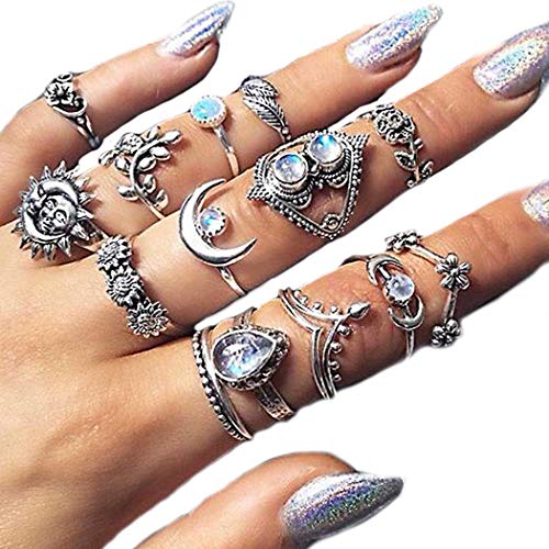 Twinklede Boho Finger Ring Set Silver Rhinestone Joint Knuckle Rings Hollow Carved Stackable Ring for Women and Girls (Silver 7)