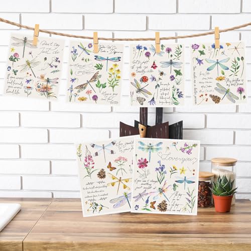 InIsaJace Dragonfly Swedish Dishcloths for Kitchen, 6 Pack Vintage Wildflower Reusable Paper Hand Dishing Towels Housewarming Gifts, Absorbent Dish Rags Decoration for Home Cooking Cleaning