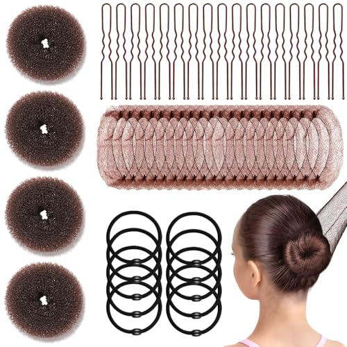YINGFENG 134 Pcs Brown Hair Bun Maker Kit for Kids Small - 4 Hair Donuts for Buns 20 Hair Nets for Buns 100 U Shaped Bobby Pins 10 Hair Bands for Girls Ballet Dance Hair Accessories for Women