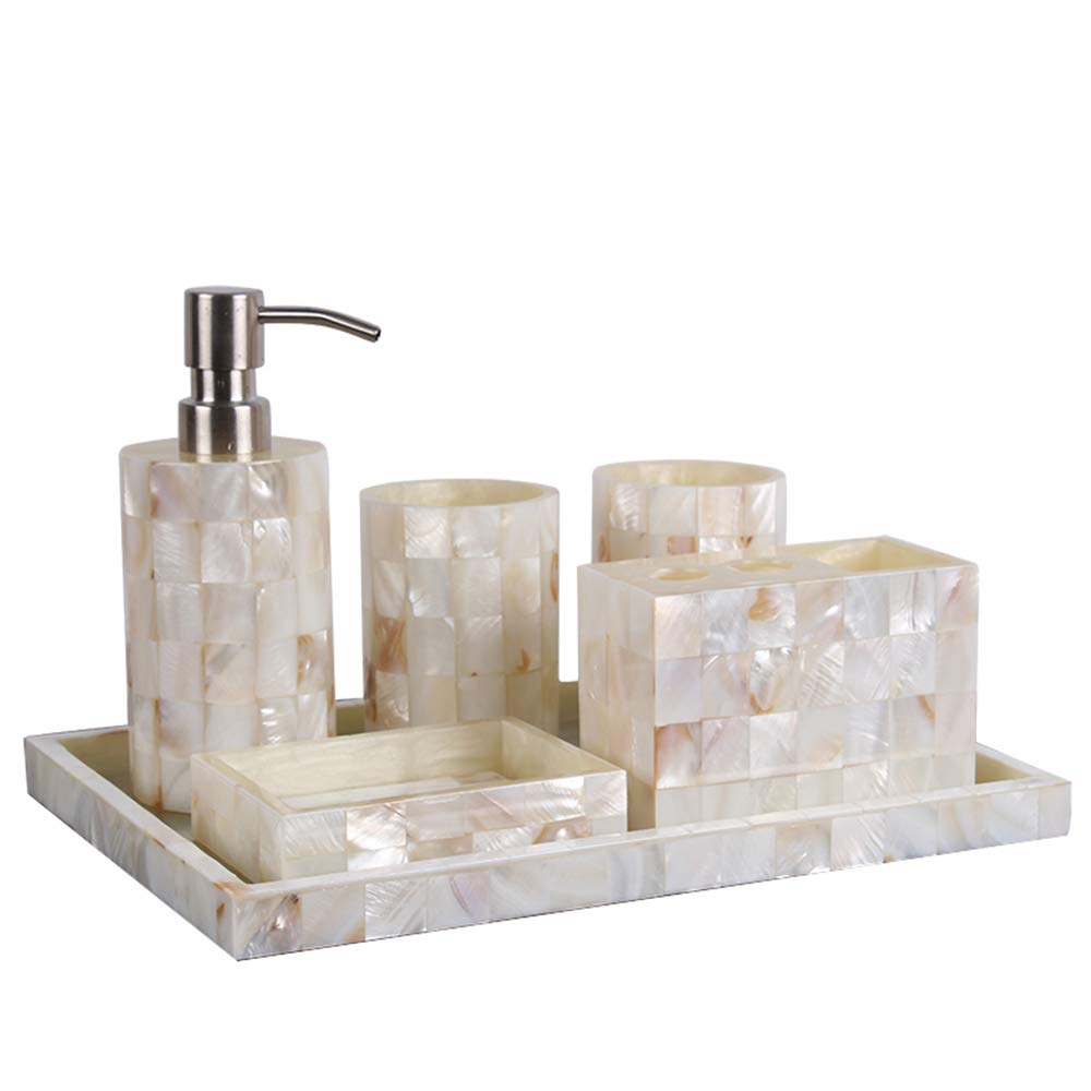 Juego de Accesorios de Baño de Resina Conjunto de Baño con Porta Cepillo de Dientes, 2 Tazas, Dispensador de Jabón Líquido, Jabonera, Concha Blanca,with Tray