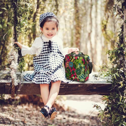 Colorful Abstract Flowers Lunch Box Bag, Ethnic Lunchbox Insulated Lunch Bag Tote Bag Thermal Cooler With Removable Adjustable Shoulder Strap For Women Men Office Picnic #TOP5