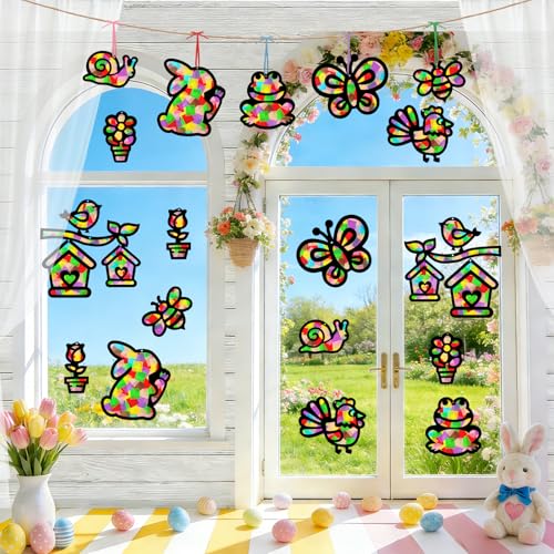 AVAKY 24Pcs Activité Manuelle Enfant Découpage Papier, Stickers Fenetre Loisir Creatif Enfant Décoration Printemps Pâques, Kit Bricolage pour Cadeau Anniversaire...