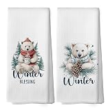 shiviody Winter Christmas Polar Bear Kitchen Towels - Polar Bear Gifts Dish Towels, Winter Christmas Wildlife Decorative Absorbent Dishcloths Hand Towel Set of 2 for Bathroom Decor 16x24 Inches