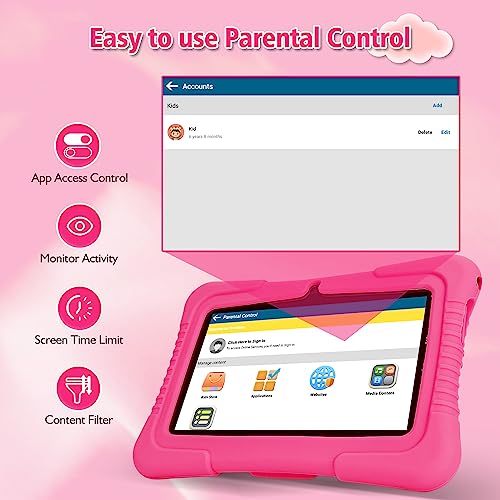 Veidoo Kids 7\" Android Tablet PC, 2GB RAM, 32GB ROM, Safety Eye Protection, WiFi, Dual Camera, Games, Parental Control APP, with Silicone Case (Pink)