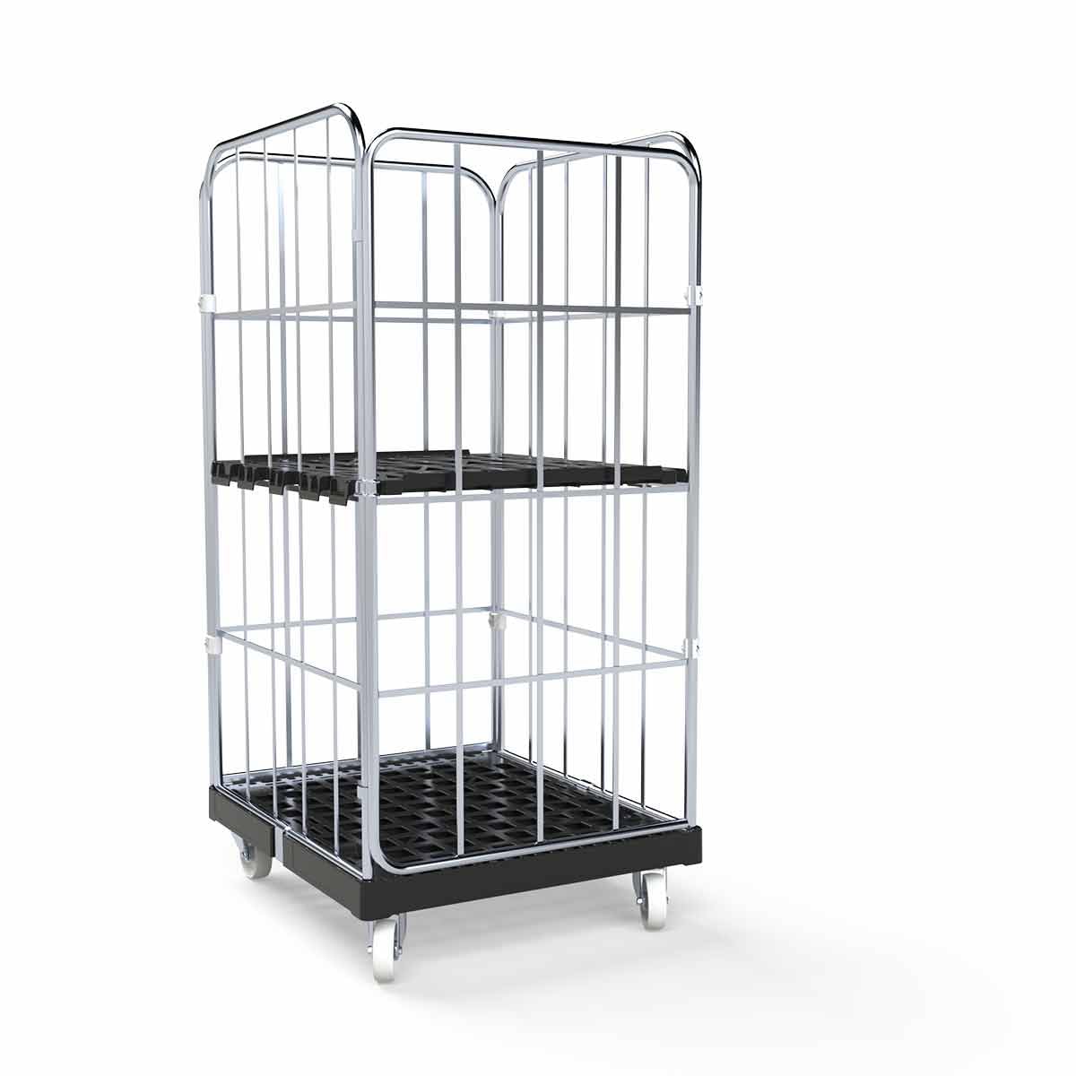 Bac à roulettes 1350 mm de hauteur utile (charge 500 kg), panneau plastique noir, 4 côtés, dimensions 724 x 815 x 1530 mm - Chariot grillagé robuste type Cr3 galvanisé pour garage, entrepôt