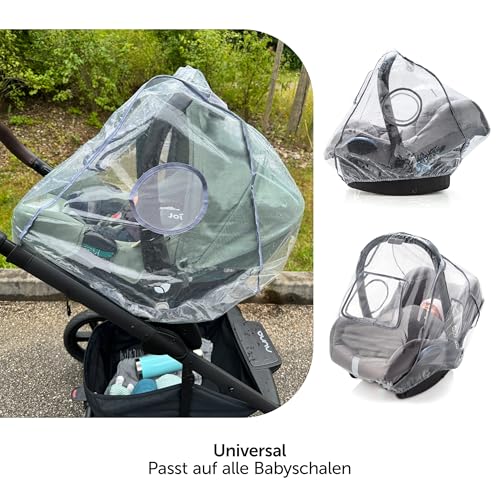 Universal Komfort Regenschutz für Babyschale (z.B. Maxi-Cosi/Cybex/Römer) - gute Luftzirkulation, verschließbares Kontakt-Fenster, Eingriffsöffnung für Tragegriff, PVC-frei