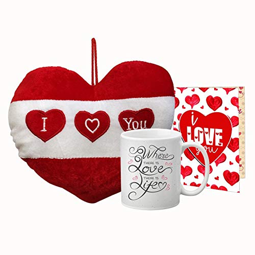L.O.F Heart Cusion with Printed Mug or Greeting Card for Valentine's Gift D17